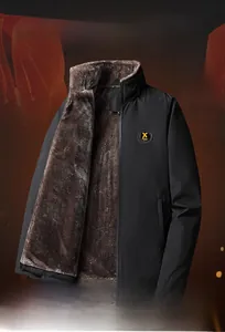 Detail of men's winter jacket showing thick brown faux fur lining and stand collar