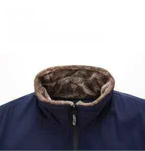 Detail of winter jacket windproof stand collar with thick brown faux fur lining
