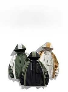 Detail showing various colors of men's hooded outdoor jackets with functional drawstrings