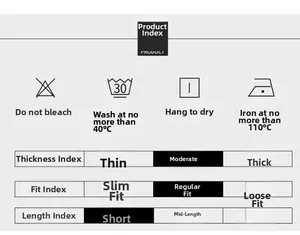 Detail guide showing jacket care instructions, medium thickness, fit type, and short length