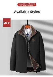 Close-up of men's black winter jacket featuring warm brown fleece lining and stylish lapel
