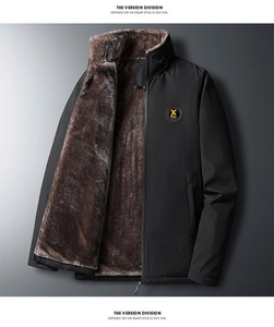 Detail of men's winter jacket showing windproof fabric and warm faux fur lining texture