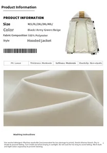 Size chart and fabric details for apricot hooded outdoor jacket with washing instructions