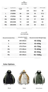Detailed size chart and measurement guide for men's hooded outdoor jacket from M to 4XL