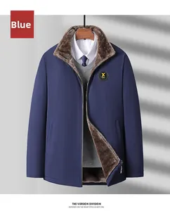 Detail of men's winter jacket with warm fleece lining and stand collar in navy blue