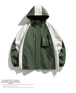 Detailed front view of a military green hooded jacket with adjustable drawstrings and pockets