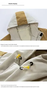 Detail of hooded jacket neckline with zipper and adjustable drawstring toggle