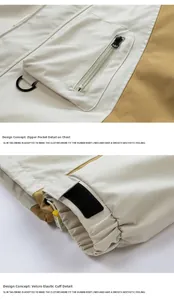 Detail of outdoor jacket showing zipper chest pocket and velcro adjustable elastic cuffs