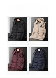Detail view of winter hooded vests in black, khaki, maroon, and dark blue colors
