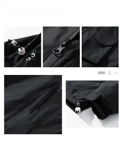 Detail view of windproof drawstring collar, resin zipper, and adjustable cuffs on jacket