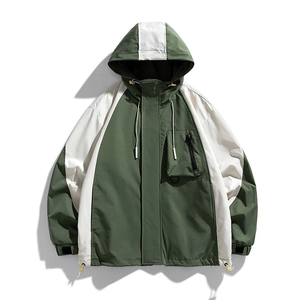 Men's hooded windbreaker jacket in olive green and beige color block outdoor style