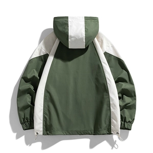 Green and white outdoor hooded windbreaker jacket with contrast patchwork and elastic cuffs