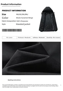 Detailed chart showing size options and fabric texture for this hooded outdoor jacket