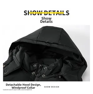 Detail of detachable hood and windproof collar with metal ring zipper on black padded vest