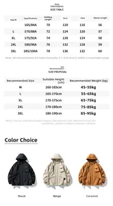 Detailed size guide and measurements chart for men outdoor hooded casual cargo jacket