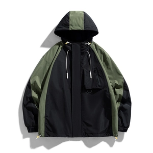 Men's outdoor hooded jacket in military green and black contrast with windproof fabric