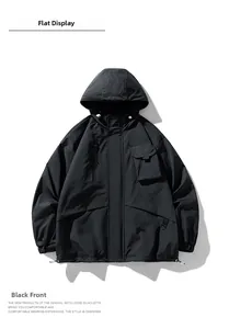 Front view of black hooded cargo jacket with large chest pockets and adjustable cuffs