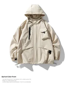 Detail of beige men's hooded windbreaker jacket with cargo pockets and relaxed fit