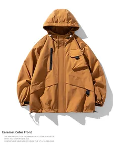 Close-up of caramel outdoor jacket showing chest pockets and drawstring hood details