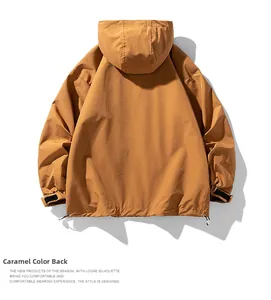 Rear view of caramel loose hooded jacket with adjustable drawstring hem for men