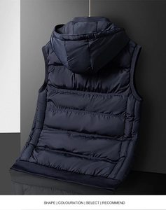 Back view of a men's navy hooded puffer vest featuring premium horizontal quilting details