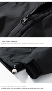 Detail of waterproof zipper and adjustable velcro cuffs on black outdoor windbreaker jacket