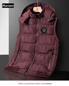 Detail of maroon quilted puffer vest with hooded design and smooth metallic finish