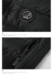 Detail of black quilted vest featuring a metal J emblem and a circular zipper ring