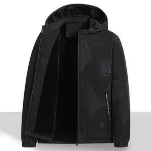 Men's casual black hooded fleece-lined jacket with sport prints and windproof fabric