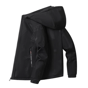 Men's black hooded sports jacket with fleece lining and fashion print for casual wear