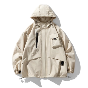 Men's Casual Hooded Windbreaker Jacket Outdoor Loose Fit Workwear Coat Multi Pockets Breathable Polyester Outerwear