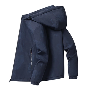 Men's navy casual hooded jacket with sport letter print and zippered pockets