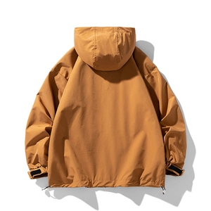 Back view of caramel brown men's hooded outdoor jacket with adjustable drawstring hem