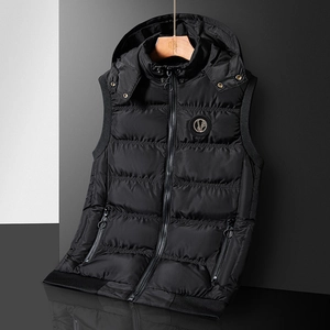Men's slim-fit winter puffer vest with hood and metal zipper in premium black nylon