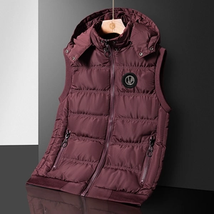 Slim fit men's winter hooded puffer vest in burgundy with quilted matte finish and badge