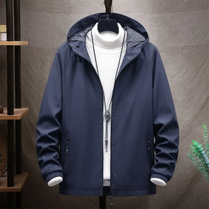 Giacca casual da uomo con cappuccio blu navy, chiusura a zip e design a vestibilità slim