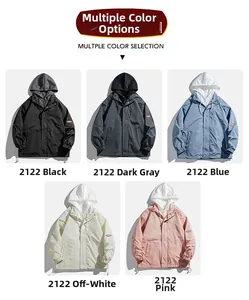 Detail view of multi-color casual hooded jackets with orange patch and ribbed cuffs