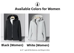 Detailed comparison of black and white women's hooded outdoor jackets with zip pockets