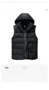 Detailed view of black hooded puffer vest with horizontal quilting and zipper pockets