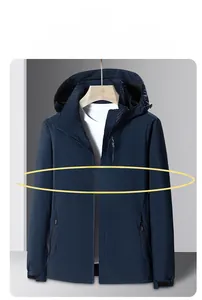 Detail view of breathable navy blue hooded jacket with adjustable velcro cuffs and side pockets