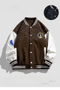 Detail of brown varsity jacket featuring embroidered patches and astronaut graphic prints