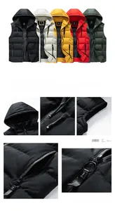 Detailed views of hooded vest showing drawstrings, zip pockets and quilted textures