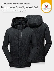Détail du tissu imperméable haute densité et du motif de feuilles sur veste 3-en-1