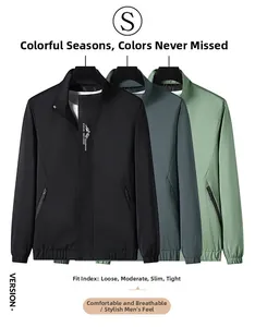 Detailed view of casual stand collar jackets in black, grey-green, and bean green