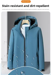 Detail view of water-resistant fabric coating and velcro cuffs on blue outdoor jacket