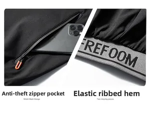Detail of jacket showing anti-theft zipper pocket and ribbed hem with lettering