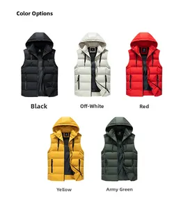 Front view showing five different colors of men's hooded padded vests with zippers