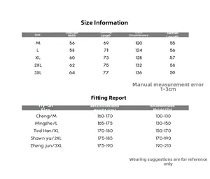 Detailed size chart and fitting guide for men's casual jacket from M to 3XL