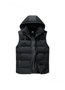 Detailed front view of black hooded vest with horizontal quilting and zipper pockets