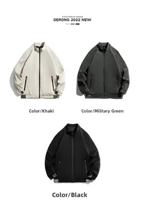 Mens casual stand collar jackets displayed in khaki, army green, and black colors